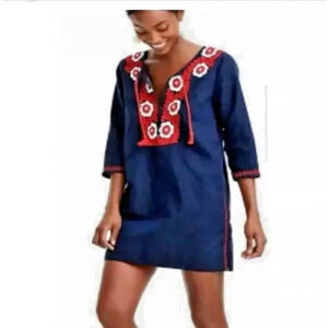 J. CREW Swim Cover Up Dress Linen Blend Beach Embroidered Blue Women's Medium